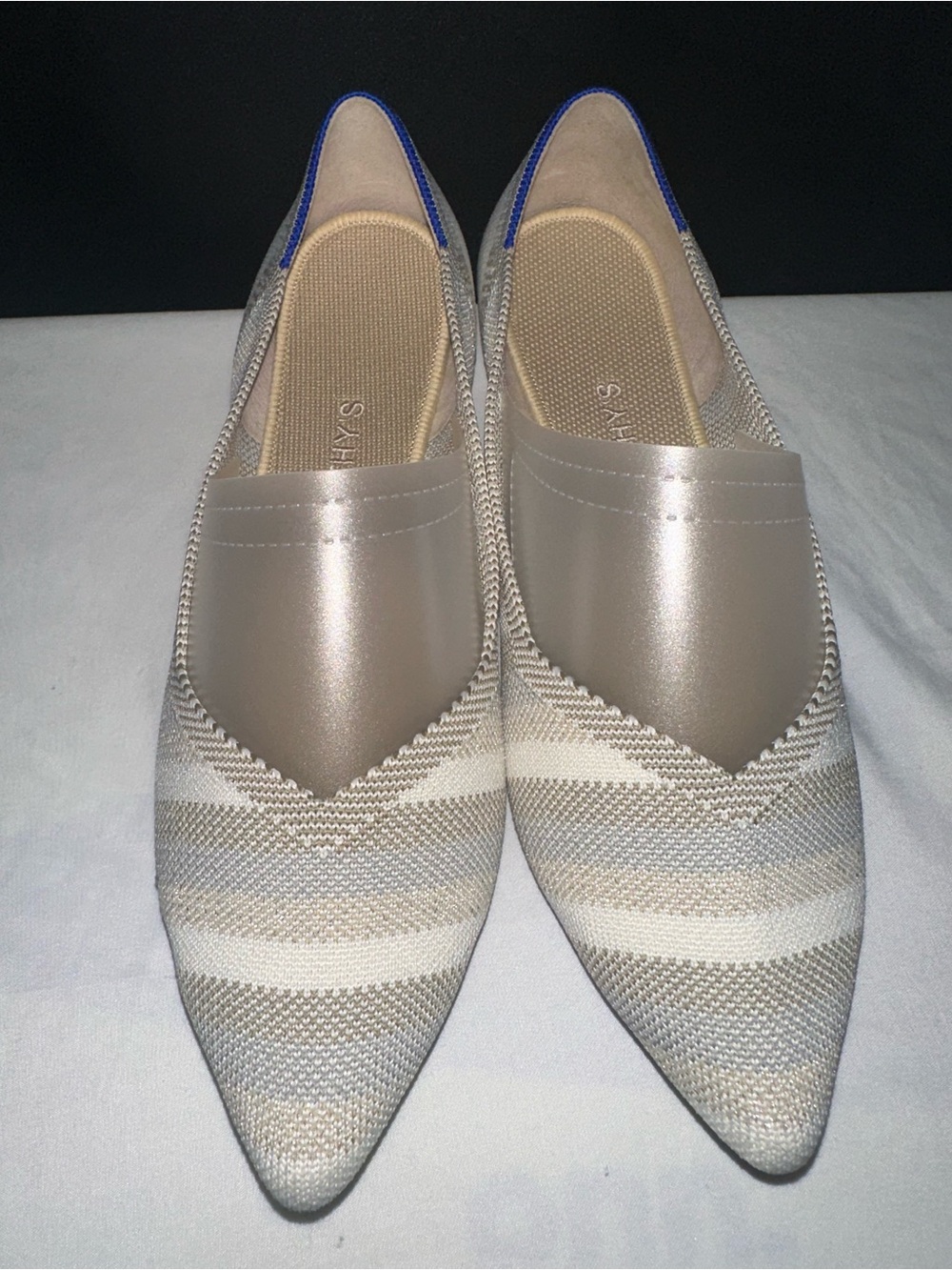 Rothy's Pointed Knit Slip-On Flats in Taupe, Cream and Blue Trim- SZ-10.5